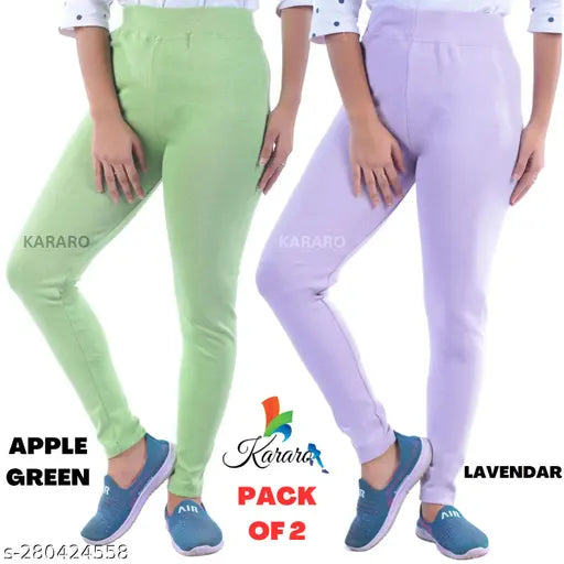 Cotton blend jeggings pack of 2, recycled hosiery cotton waste blended with polyester. Comfortable and trendy women's jeggings from Kararo, available in sizes 26-Free Size. Made in India