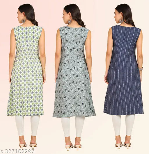 Women's ethnic wear printed round kurti combo pack of 3 (S: bust 36in, length 43in / M: bust 38in, length 43in / L: bust 40in, length 43in / XL: bust 42in, length 43in / XXL: bust 44in, length 43in), sleeveless American crepe Anarkali style kurtas for traditional, casual, party, evening, formal wear