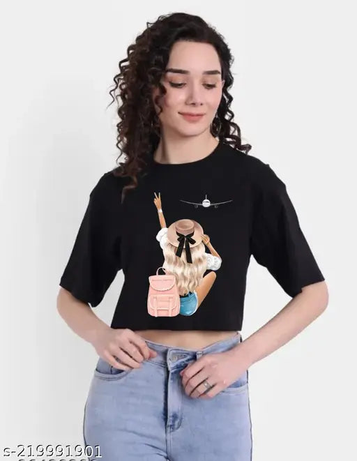 Black cotton round neck crop top women's loose fit casual wear