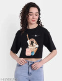 Black cotton round neck crop top women's loose fit casual wear