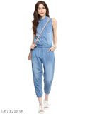 Blue denim sleeveless solid mandarin collar jumpsuit by StyleStone for women
