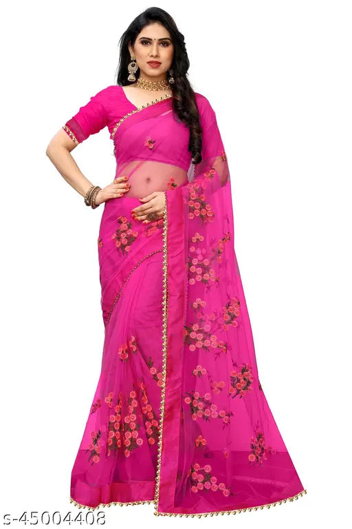 Stylish Patlani style net saree with floral embroidery and separate art silk blouse, India festive wear