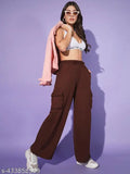 Brown cargo pants with large pockets, white sneakers