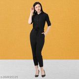 Black poly crepe women's/girls jumpsuit, three-quarter sleeves, solid design - perfect for everyday & formal occasions