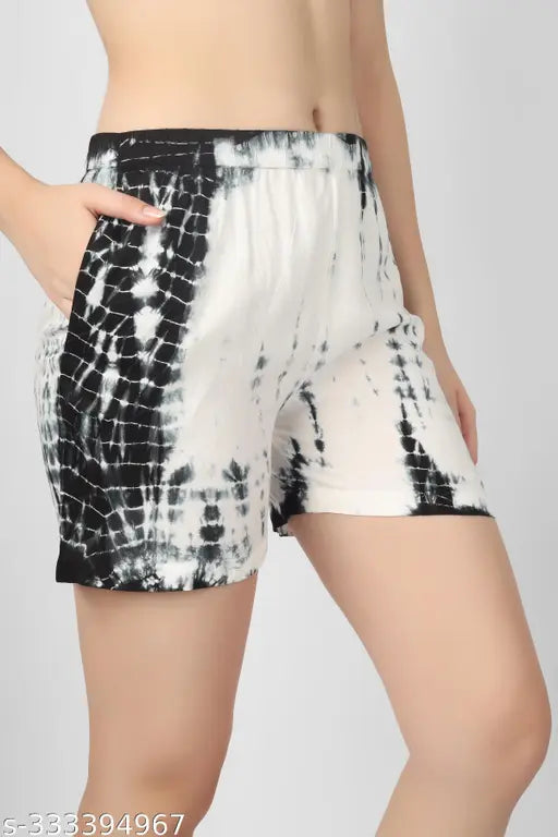 Women's black tie-dye Viscose Rayon top & shorts set, stylish casual nightwear with half sleeves and club neckline, comfortable bottoms with side pockets