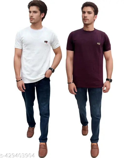 WhiteWine Cotton-Blend Half Sleeve T-Shirt Pack of 2, round neck, double stitching, regular fit, standard length, branded