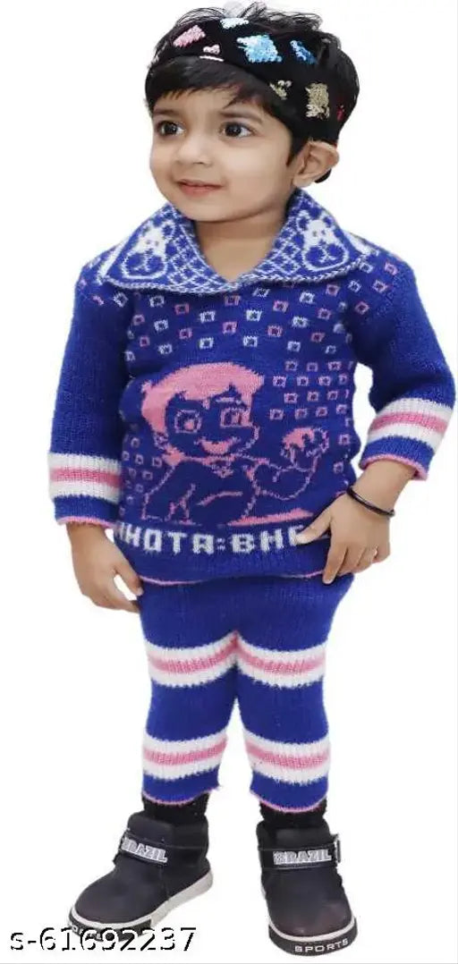 Shivarth Blue Woolen Winter Combo Set: Multi-piece sweater, skirt, coat, pyjama pant for 1-2 year olds, warm, printed net, soft elastic material, no bleach required, made in India