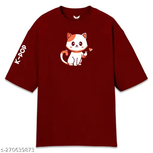 Red oversized KPop tee with cat graphic