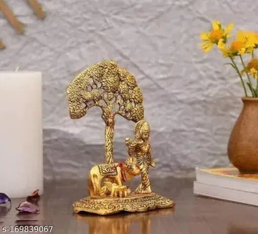 Krishna cow with calf under tree idol, metal god figure for home, temple, office, gifting. Indian metal figurine of lucky symbol of happiness and prosperity. L-B-H: 12x8x17 cm