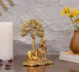 Krishna cow with calf under tree idol, metal god figure for home, temple, office, gifting. Indian metal figurine of lucky symbol of happiness and prosperity. L-B-H: 12x8x17 cm