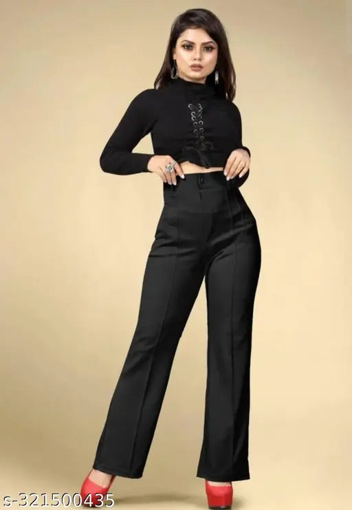Black casual cotton regular fit trouser pant on woman