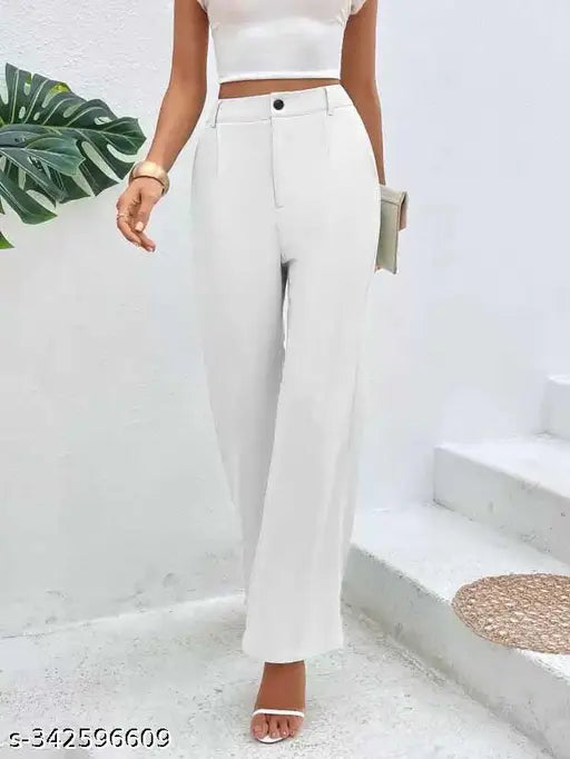 White cotton blend women's full length regular fit trousers