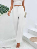 White cotton blend women's full length regular fit trousers
