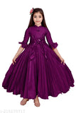 Purple silk blend frock for girls, single piece, three-quarter sleeves, solid pattern, 3-4 years size (bust 22in, length 32in)