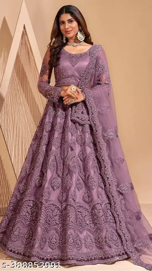 Embroidered ethnic lehenga choli and dupatta in net fabric, traditional chain work, free size (42in waist, 42in length), Indian origin