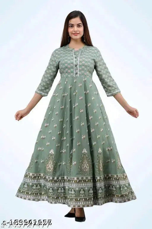 Mint green rayon anarkali kurti, printed combo, three-quarter sleeves, women's fashion, Indian traditional wear
