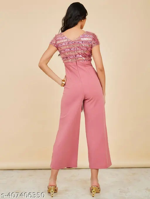 Dusty pink embroidered Lycra jumpsuit for women, India-origin style