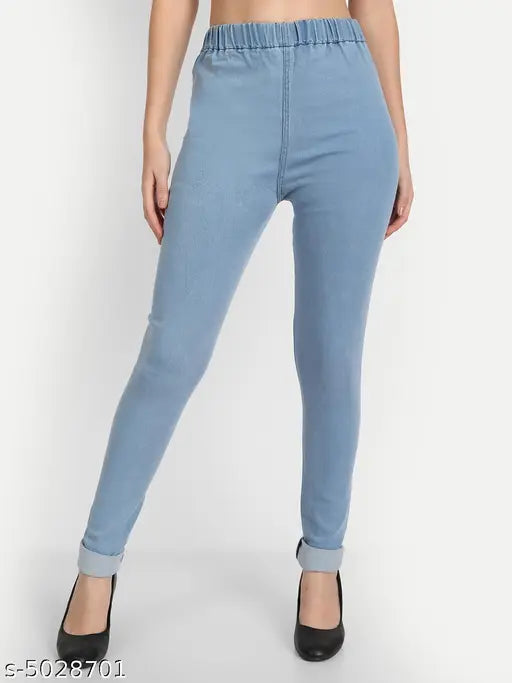 Solid navyblue-skyblue denim jeggings, stretchable and skinny fit, medium waist, ankle length for women - Pack of 2