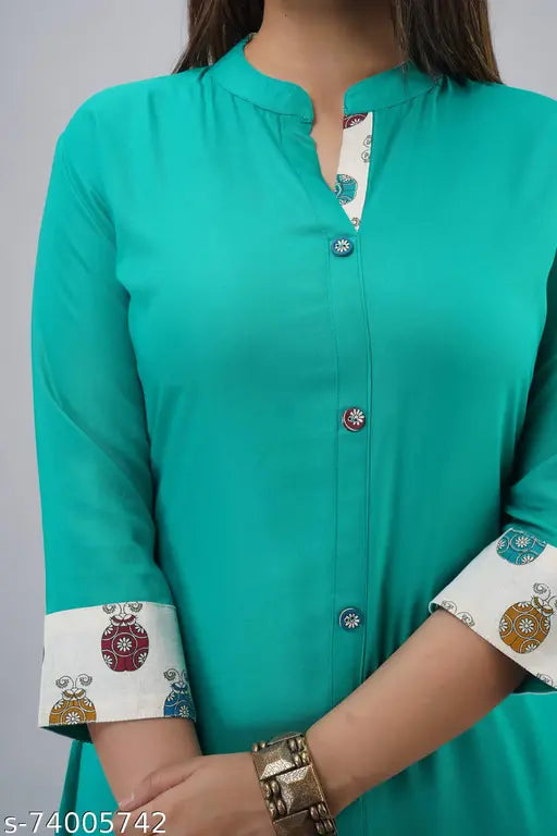 MAUKA women's rayon a-line kurta and cotton palazzo set, solid color with show buttons, comfortable and easy to wear and wash, made in India