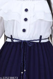 White and blue ruffle dress with buttons and ties, girls' fashion