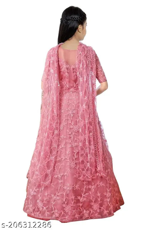 Ethnic net kids gown, short sleeves, embroidered pattern, pink color, 10-11 years size, Indian origin
