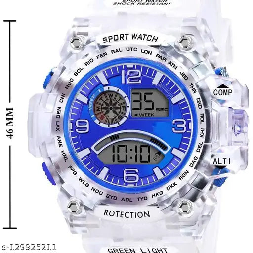 Blue digital watch with color dial, shockproof, multi-functional, automatic, waterproof, sports watch for men or kids, white strap