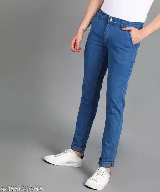 Light Blue Denim Solid Stretch Jeans by Supernova Inc - Men's style icon wear for all seasons