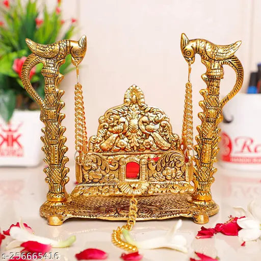 Metal Krishna idol Jhula showpiece, gold decorative for home and office - 16.5cm length