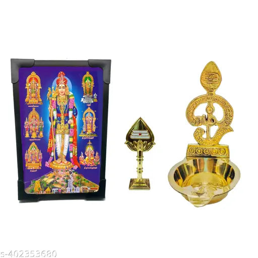Gold Ayyappa om vilakku 3-in-1 arupadai murugan photo, intricately detailed brass temple decor