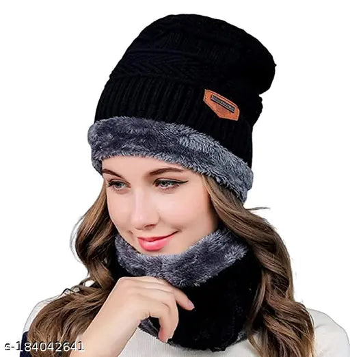 Women Snow Proof Inside Fur Warm Woolen Hat Cap with Neck Warmer for Winters
