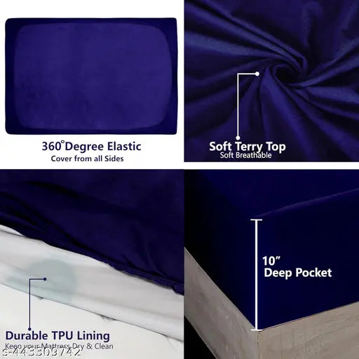 Blue striped 100% Terry Cotton Waterproof Mattress Protector for King/Double Size Bed - Breathable, Elastic Fitted, Local Craftsmanship