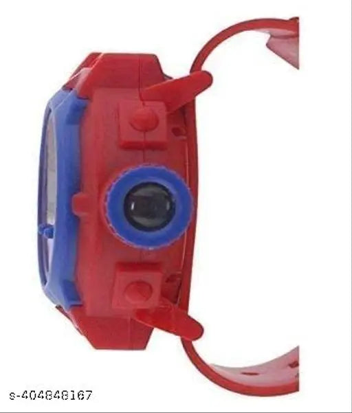A red, plastic, digital children's watch inspired by Spider-Man with an integrated camera and projecting capability