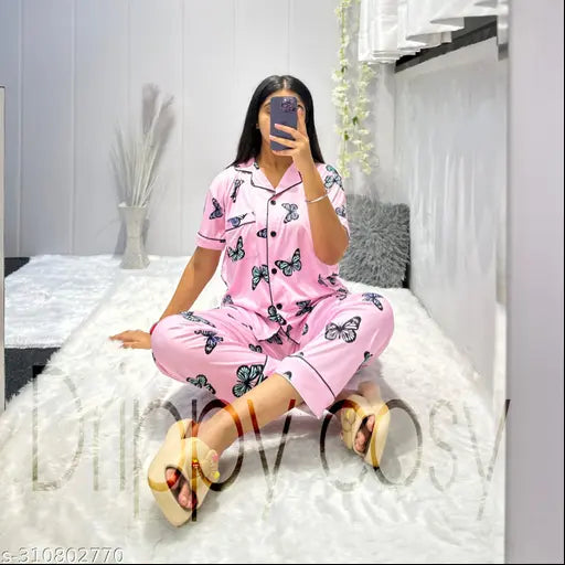Silk blend butterfly print ladies night suit, luxurious and comfortable sleepwear set with short sleeves, made in India