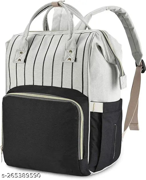 Black polyester diaper backpack, durable water-resistant travel bag for mom with multiple pockets and insulated bottle holders. Perfect for newborn essentials organization