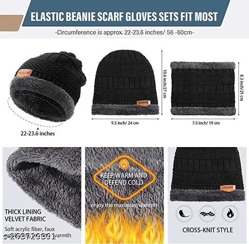 Black woolen knit beanie, winter cap hat with faux fur lining and neck muffler scarf