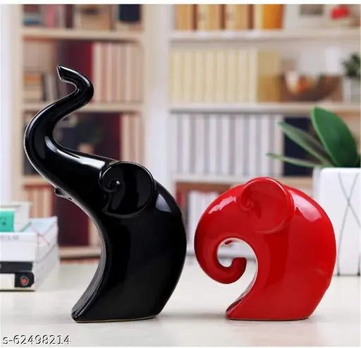 Red Black Elephant Couple Ceramic Figures Set - Indian Home Decor Lucky Charms