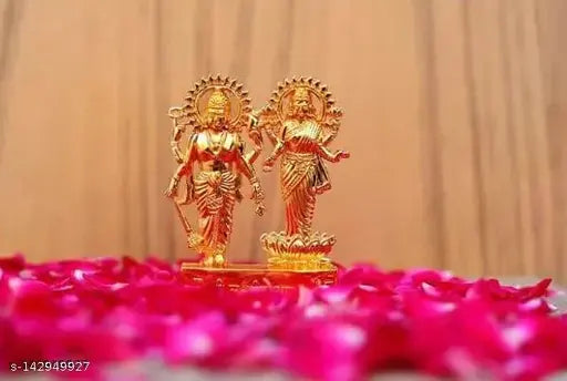 Laxmi and Narayan metal idol set, gold tone finish