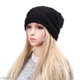 Long black woolen slouchy beanie cap women's winter wear