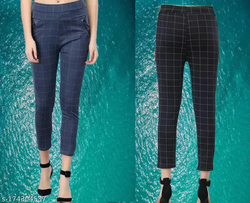 Modern check Lycra jeggings, stylish and versatile for regular and official use. Check pattern, available in sizes 24-34 & free size. Made in India