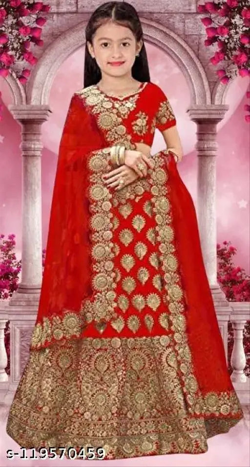 kids taffeta satin semi-stitch lehenga choli (3yr-7yr), Indian traditional ethnic wear for girls, embroidered embellishments