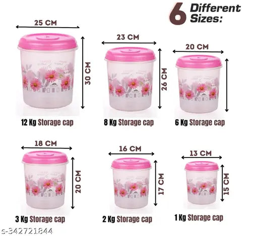 Set of six plastic containers with pink lid, 12kg to 1kg capacity, 8kgs to 6kgs storage capacities