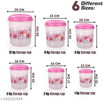 Set of six plastic containers with pink lid, 12kg to 1kg capacity, 8kgs to 6kgs storage capacities