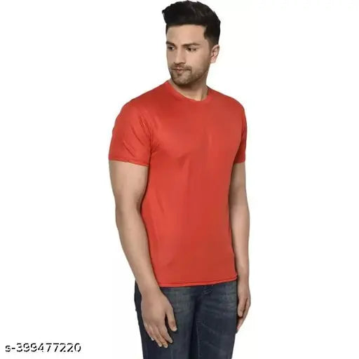 Red cotton blend men's solid round neck half-sleeve T-shirt, ideal for casual wear on various sizes from M (38in/27.5in) to XXL (44in/29in). Made in India
