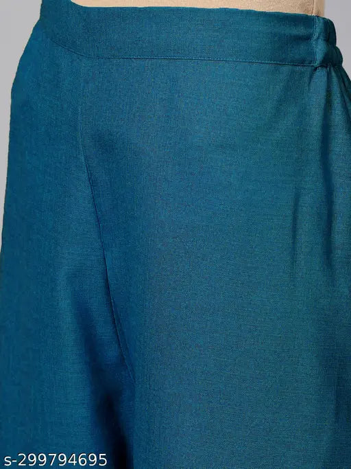 Teal embroidered cotton kurti set with dupatta and bottomwear, handcrafted Jaipuri style from India