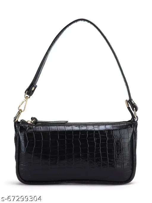 Black leather crocodile skin women's handbag with a shoulder strap