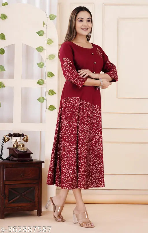 Maroon rayon block-printed kurti with three-quarter sleeves, Indian fashion for women