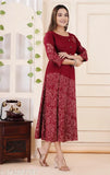 Maroon rayon block-printed kurti with three-quarter sleeves, Indian fashion for women