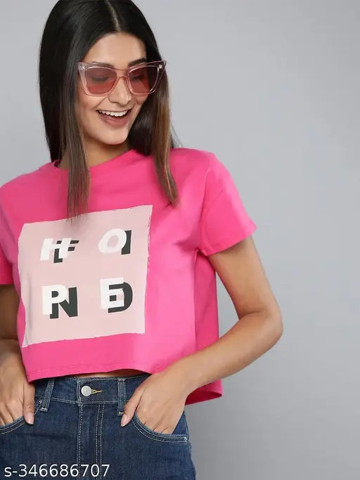 Affordable pink peach printed round neck pure cotton t-shirt, women's short sleeves, India origin