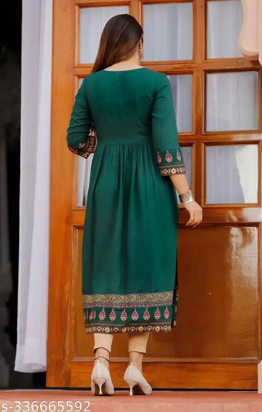 Rayon 3/4 sleeve embroidered combo kurti in 5 Naira size, Indian Naira cut printed kurta with beautiful button and lace work