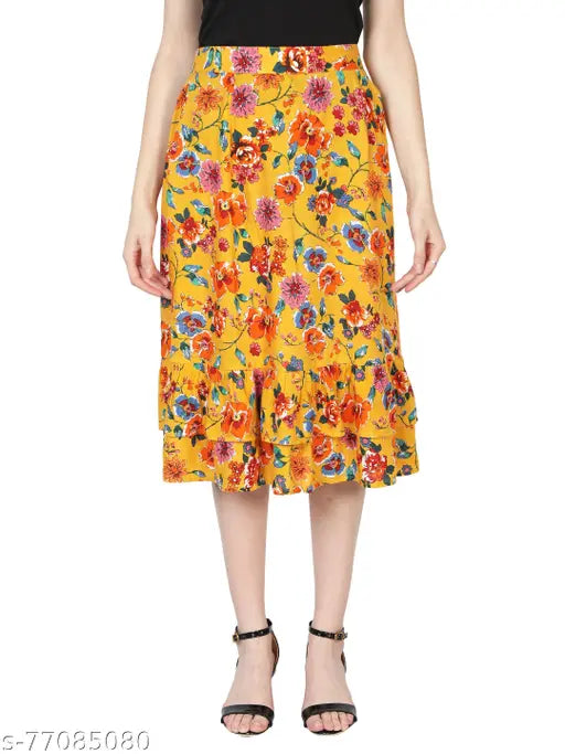 Yellow rayon floral print ruffle skirt
